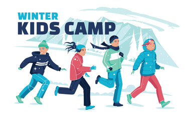 Advertisement of a children's winter camp. A group of children runs against the background of winter mountains. Vector flat illustration..