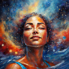 An impressive oil painting depicting a female swimmer swimming in the water as a nebula explodes