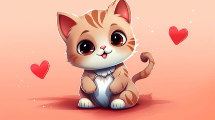 Cute cartoon smiling little kitten sitting and looking at the camera on a pink background surrounded by hearts. Happy Valentine's Day greeting, postcard.