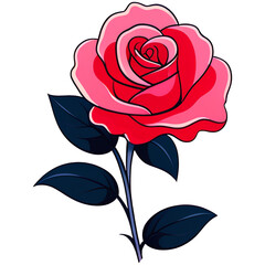 cartoon pink red one rose flower branch for tattoo, sticker isolated on white background, transparent PNG