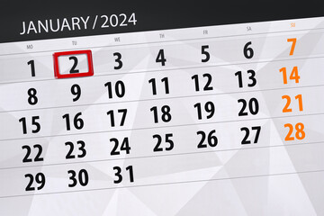 Obraz premium Calendar 2024, deadline, day, month, page, organizer, date, January, tuesday, number 2
