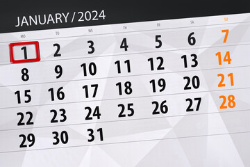 Obraz premium Calendar 2024, deadline, day, month, page, organizer, date, January, monday, number 1