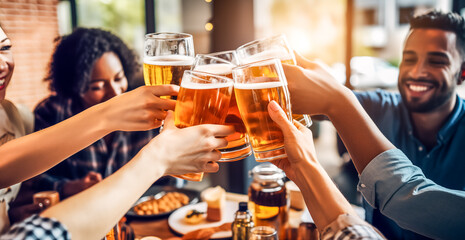 Young people drinking beer pints at brewery bar. beverage Lifestyle concept with multi-ethnic friends  sharing happy hour together in a pub