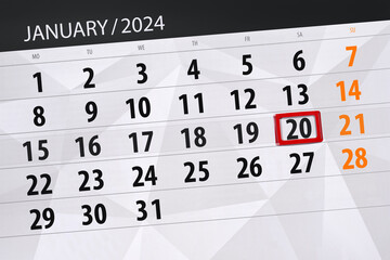 Calendar 2024, deadline, day, month, page, organizer, date, January, saturday, number 20