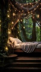 Obraz na płótnie Canvas The magical outdoor terrace of Enchanted Forest Sleeping Quarters, with moss-covered stones, fairy lights, and a canopy of trees, providing a mystical and enchanting retreat for relaxation.
