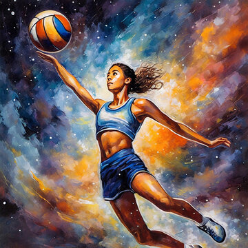 An impressive oil painting depicting a fantastic volleyball player in the form of a nebula explosion