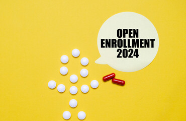 OPEN ENROLLMENT 2024 words on sticker with pills man on yellow background