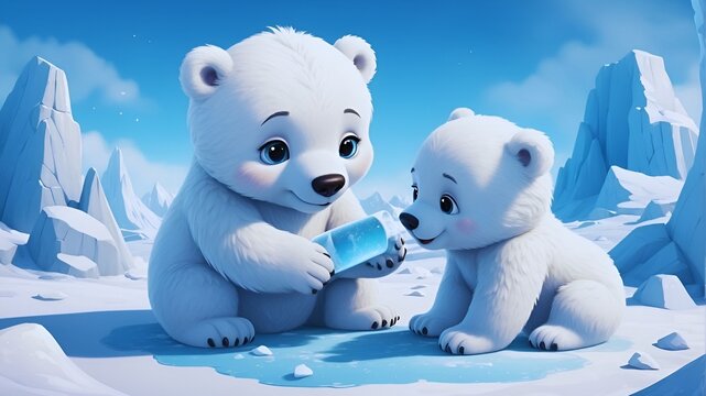 Beautiful cute cartoon polar bear cubs wallpaper, Cute baby animals for kids, High-resolution AI-generated image