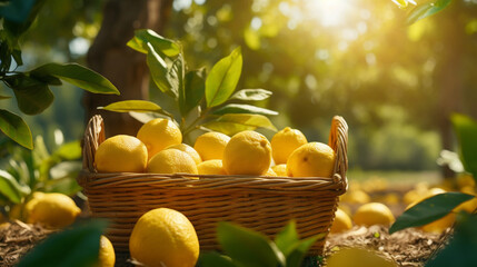 Close up ripe lemon in the wood basket field and landscape in sunny day. Created using generative AI.