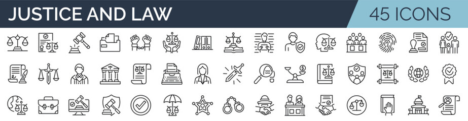 Set of 45 outline icons related to justice and law. Linear icon collection. Editable stroke. Vector illustration