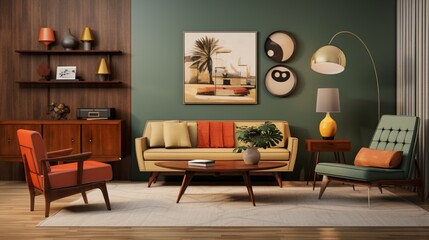 The mid-century color palette of the resting niche, featuring warm wood tones, muted earthy colors, and pops of vibrant hues, creating a harmonious and visually appealing environment.
