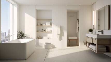Fototapeta na wymiar The minimalist-inspired bathroom in Minimalist Oasis Chambers, featuring clean lines, neutral colors, and simple yet elegant fixtures, providing a serene and uncluttered space.