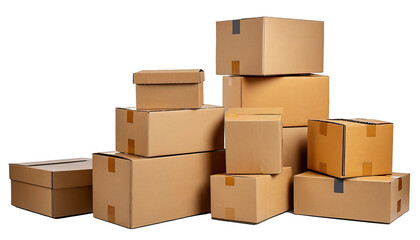 stacked cardboard boxes of various sizes - isolated on transparent background