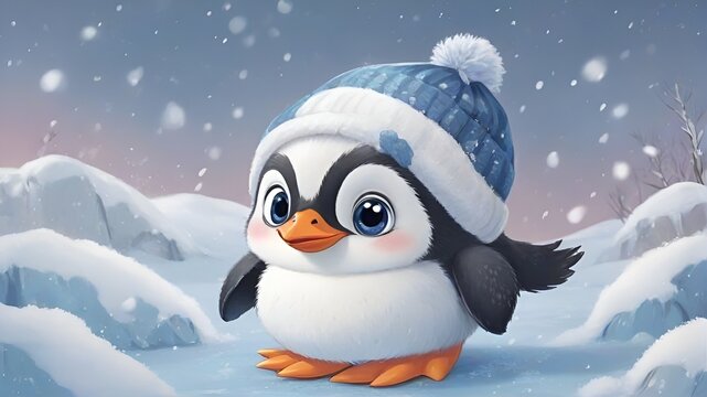 Snowflake Snuggler, Cute Baby Penguin, Cute baby penguin in the snow, Cute baby animals for kids wall decorations, baby animals