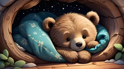Tuinposter Beautiful cute cartoon sleepy bear wallpaper, Cute baby animals for kids, High-resolution AI-generated image © Art by H
