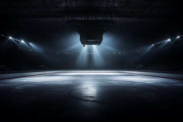 ice arena or an indoor hockey indoor, empty, dark rink with floodlights