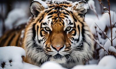 Majestic Siberian Tiger with Piercing Eyes in Snowy Habitat, A Powerful Icon of Winter's Wild Beauty