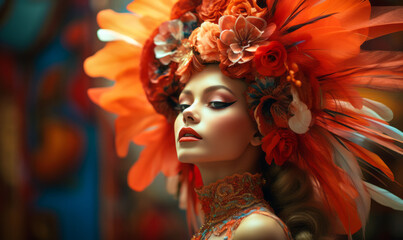 Naklejka premium Ethereal woman with artistic makeup and vibrant floral headpiece against a swirling abstract orange backdrop