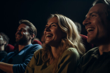 people of different genders and ages in cinema laughing while watching comedic movie - obrazy, fototapety, plakaty