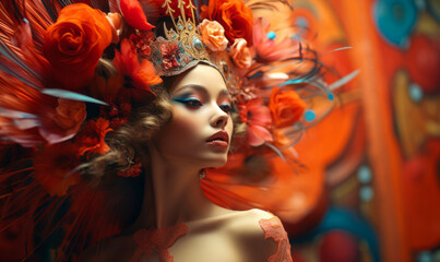 Ethereal woman with artistic makeup and vibrant floral headpiece against a swirling abstract orange backdrop