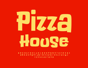 Fototapeta na wymiar Vector Bright Advertisement Pizza House. Creative Handwritten Font. Funny Orange Alphabet Letters and Numbers Set.