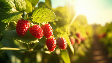 Ripe raspberry in the plantation with the sun rays in harvesting time. Created using generative AI. - obrazy, fototapety, plakaty