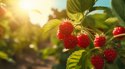 Full bloom raspberry organic farm in the morning with sun rise. Created using generative AI. - obrazy, fototapety, plakaty
