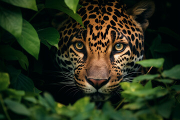 male jaguar lurking in forest among green leaves, close-up, camouflage, spotted