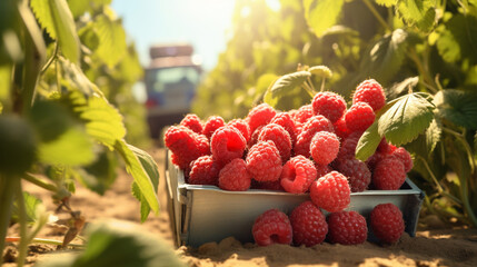 Fresh harvested raspberry in the wood box in the plantation under the sun light background. Created using generative AI.