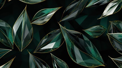 Seamless pattern of dark green and gold crystals floral leaf, for background, banner, tile, poster. Luxury concept abstract emerald green textured background