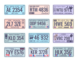 Cartoon Color Car Numbers of Vehicle Registration Icon Set Concept Flat Design Style. Vector illustration of Number Plates