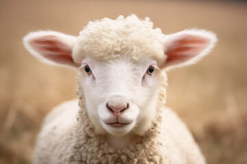 Fototapeta premium head of white sheep close-up, curly-haired, looks at camera, selective focus