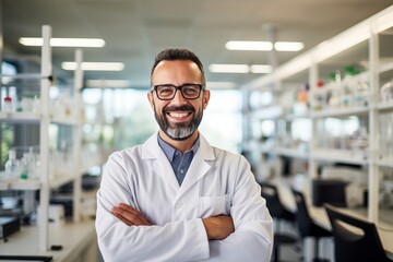 Young man with beard wearing white lab coat and glasses working at scientist laboratory happy face smiling confident with crossed arms looking at the camera.