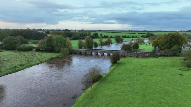 drone footage of bective bridge on the river boyne, county meath, ireland
