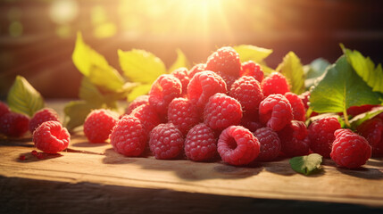 Raspberry on the table and kitchen background with sunny rays. Created using generative AI.