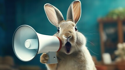 Rabbit announcing using hand speaker. Notifying, warning, announcement