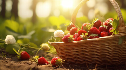 Abundant organic strawberry wood basket and plantation with sunshine and clear sky.  Created using generative AI.