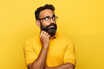 Thoughtful bearded Indian man holding hand on chin looking interested aside at copy space isolated on yellow background thinking of new job opportunities, having doubt question or deciding concept. - Powered by Adobe