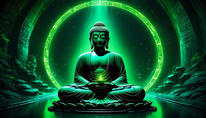 Image of meditating Buddha statue with green neon lights. Generative AI - obrazy, fototapety, plakaty