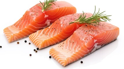 Raw, fresh Pacific salmon fillets garnished with rosemary, peppercorns, and lemon, showcasing a delicious and healthy seafood meal, isolated on a white background - obrazy, fototapety, plakaty