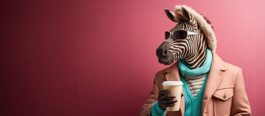 Funny zebra with coffee cup on pink background, panorama