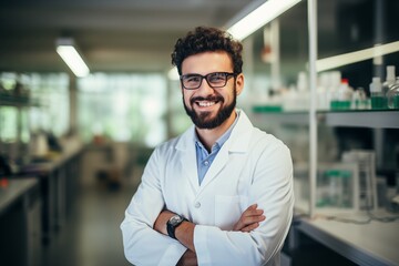 Young man with beard wearing white lab coat and glasses working at scientist laboratory happy face smiling confident with crossed arms looking at the camera. - obrazy, fototapety, plakaty