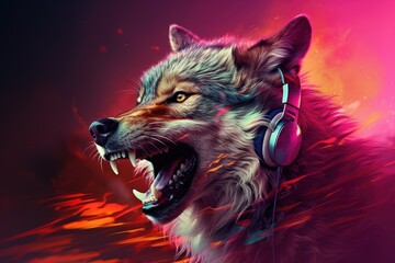 Portrait of a wolf listening to music with headphones on a red background.