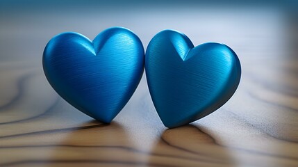 Close up of two blue Hearts on a wooden Table. Blurred Background