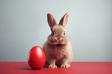 easter bunny with red egg on simple background