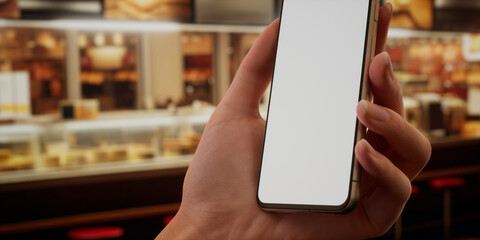 CU Photo of a person using herphone inside a fast-food restaurant, blank screen