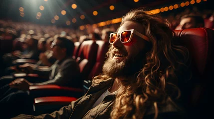 Foto op Aluminium Hipster man in a movie theater with 3D glasses enjoying a comedy movie. Happy smiling man enjoying a movie and entertainment. © JMarques