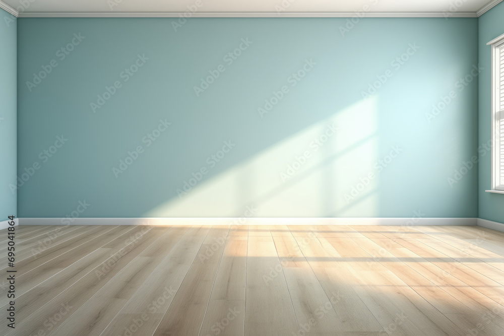 Poster empty room with large window, parquet floor, sunrays and shadows from window.