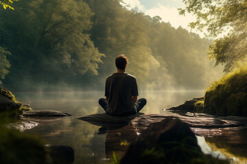 Spiritual concept and mental relaxation. Man practicing yoga in a peaceful natural environment.