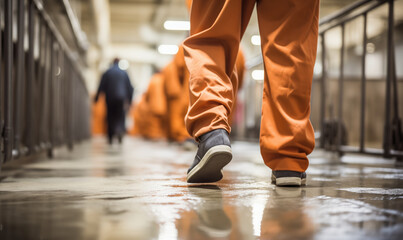 Prisoners legs in jail uniform walking along a corridor - obrazy, fototapety, plakaty
